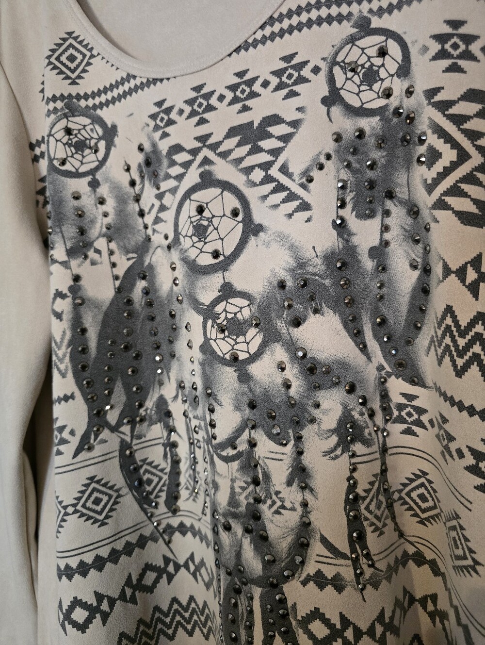 Vocal Western Fringe Rhinestone Suede Like Long Sleeve Top Shirt Sz Large - Picture 4 of 6